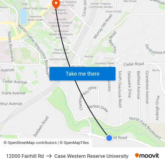 12000 Fairhill Rd to Case Western Reserve University map