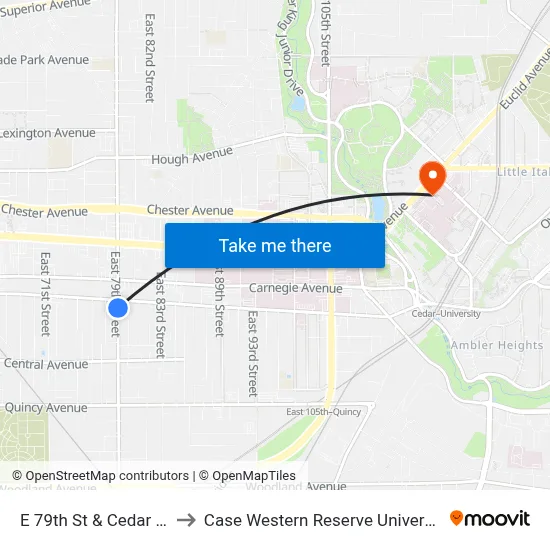 E 79th St & Cedar Av to Case Western Reserve University map