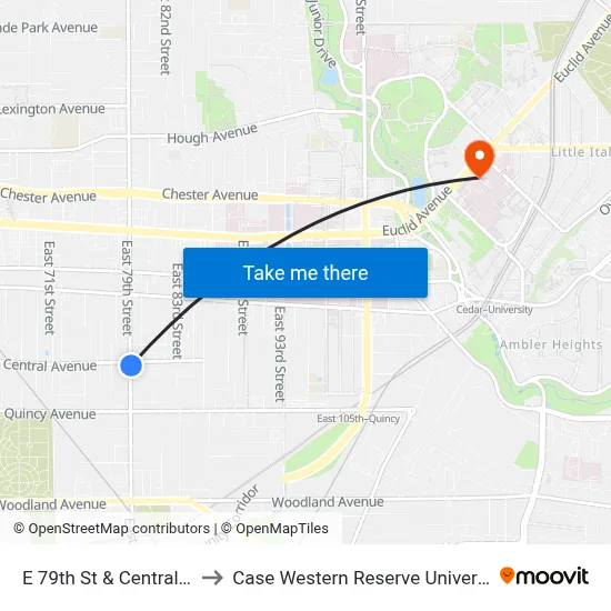 E 79th St & Central Av to Case Western Reserve University map