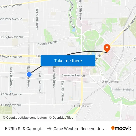 E 79th St & Carnegie Av to Case Western Reserve University map