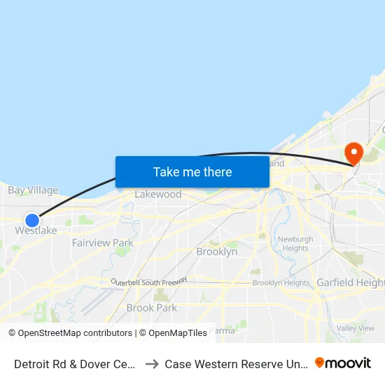 Detroit Rd & Dover Center Rd to Case Western Reserve University map