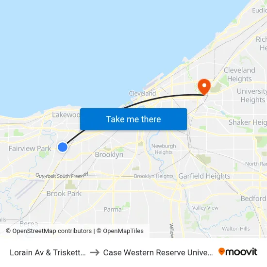 Lorain Av & Triskett Rd to Case Western Reserve University map