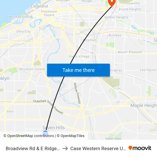 Broadview Rd & E Ridgewood Dr to Case Western Reserve University map