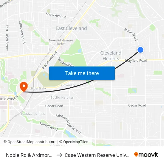 Noble Rd & Ardmore Rd to Case Western Reserve University map