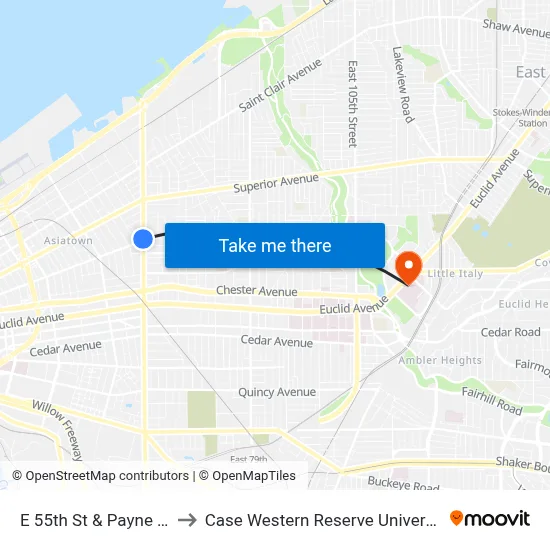 E 55th St & Payne Av to Case Western Reserve University map