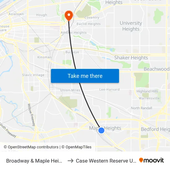 Broadway & Maple Heights Blvd to Case Western Reserve University map