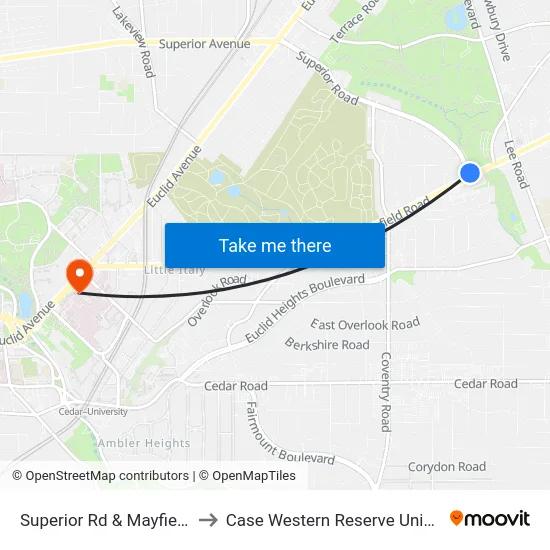 Superior Rd & Mayfield Rd to Case Western Reserve University map