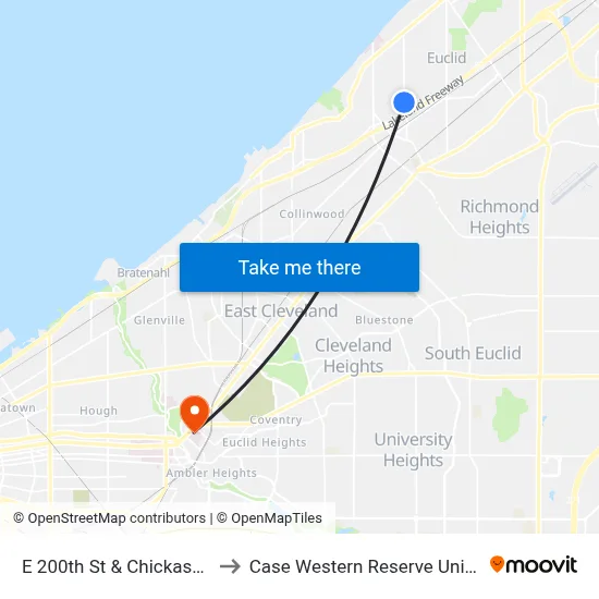 E 200th St & Chickasaw Av to Case Western Reserve University map