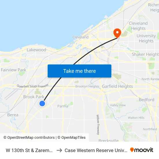 W 130th St & Zaremba Dr to Case Western Reserve University map