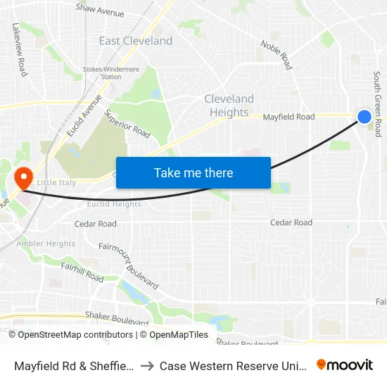 Mayfield Rd & Sheffield Rd to Case Western Reserve University map
