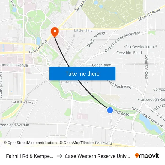 Fairhill Rd & Kemper Rd to Case Western Reserve University map