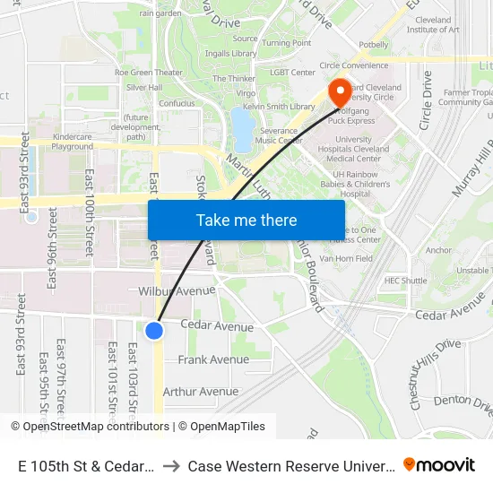 E 105th St & Cedar Av to Case Western Reserve University map