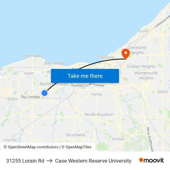 31255 Lorain Rd to Case Western Reserve University map