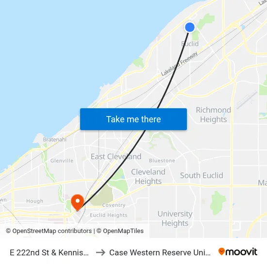 E 222nd St & Kennison Av to Case Western Reserve University map