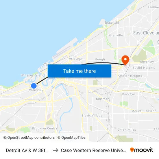 Detroit Av & W 38th St to Case Western Reserve University map