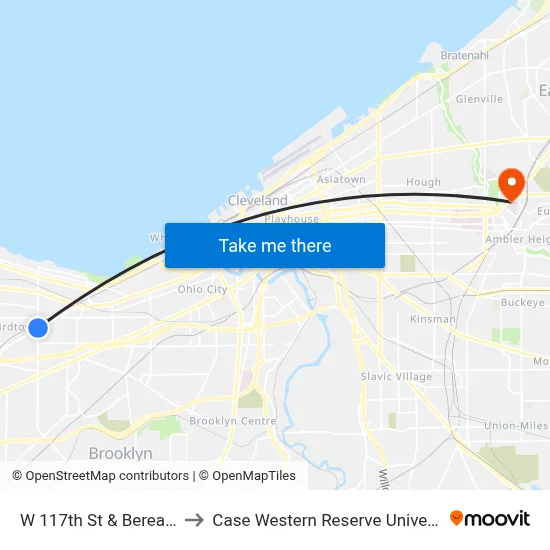 W 117th St & Berea Rd to Case Western Reserve University map