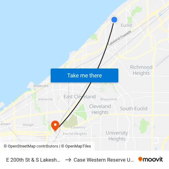 E 200th St & S Lakeshore Blvd to Case Western Reserve University map