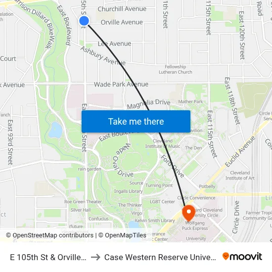 E 105th St & Orville Av to Case Western Reserve University map