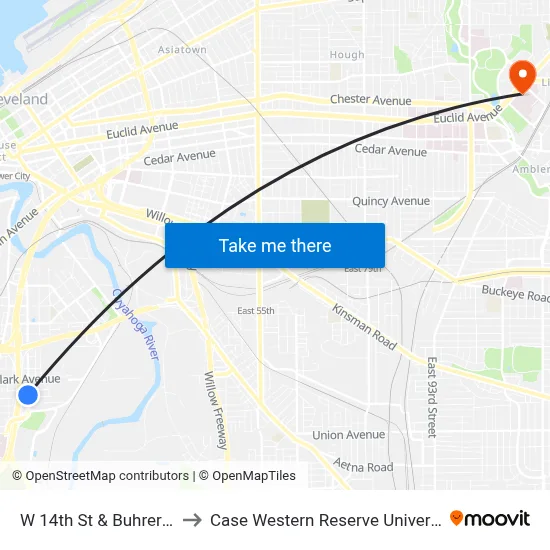 W 14th St & Buhrer Av to Case Western Reserve University map