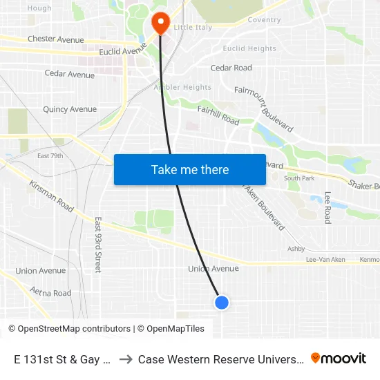 E 131st St & Gay Av to Case Western Reserve University map