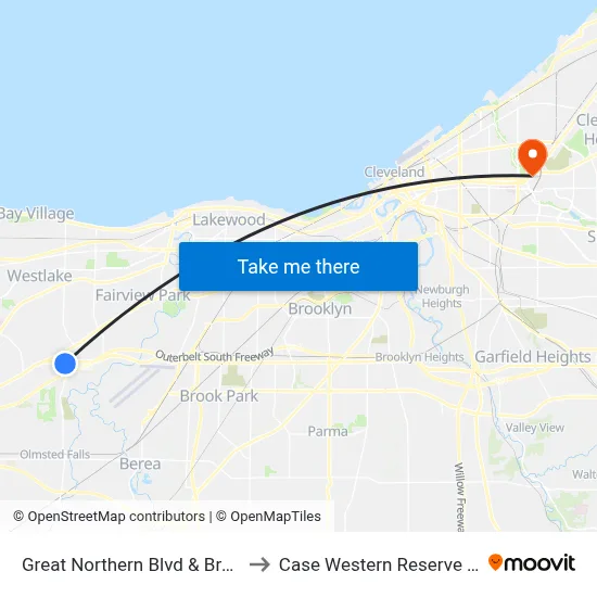 Great Northern Blvd & Brookpark Rd to Case Western Reserve University map