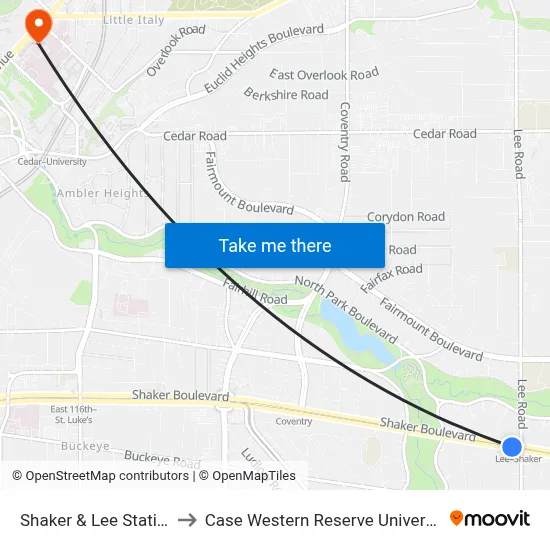Shaker & Lee Station to Case Western Reserve University map