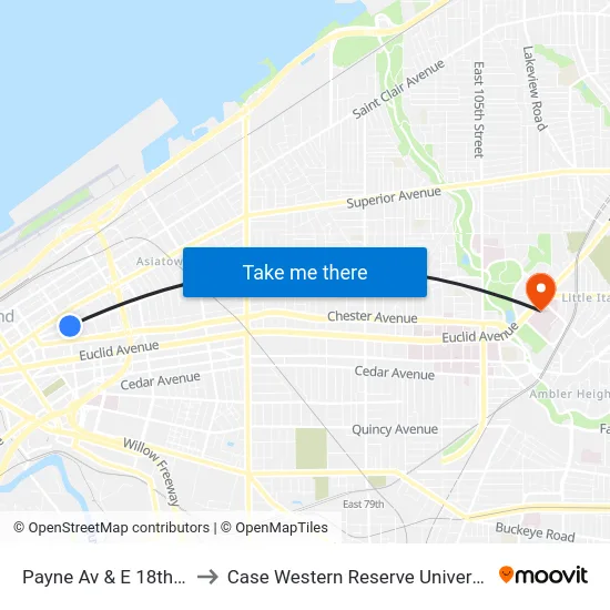 Payne Av & E 18th St to Case Western Reserve University map