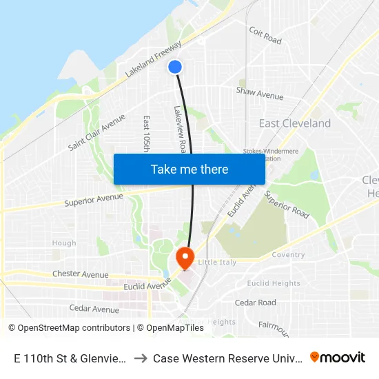 E 110th St & Glenview Av to Case Western Reserve University map