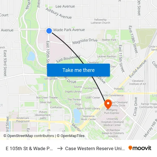 E 105th St & Wade Park Av to Case Western Reserve University map