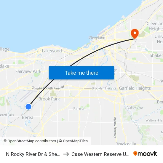 N Rocky River Dr & Sheldon Rd to Case Western Reserve University map