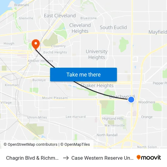 Chagrin Blvd & Richmond Rd to Case Western Reserve University map