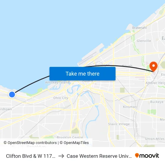 Clifton Blvd & W 117th St to Case Western Reserve University map