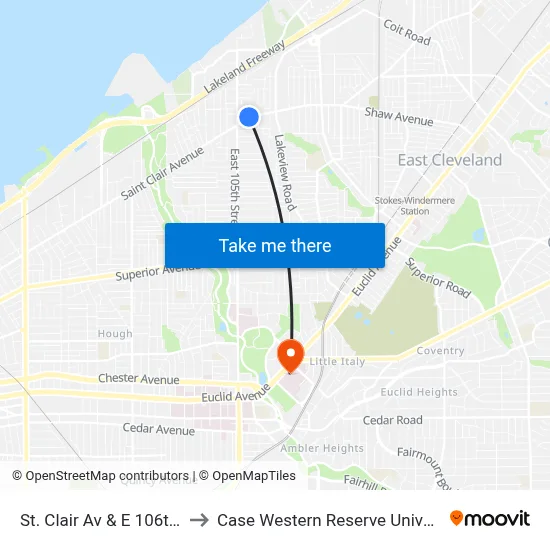 St. Clair Av & E 106th St to Case Western Reserve University map