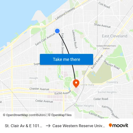 St. Clair Av & E 101st St to Case Western Reserve University map