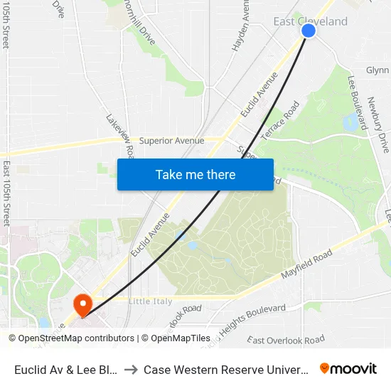 Euclid Av & Lee Blvd to Case Western Reserve University map