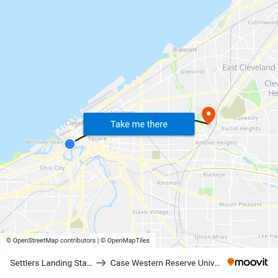 Settlers Landing Station to Case Western Reserve University map