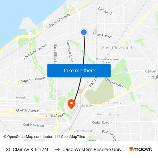 St. Clair Av & E 124th St to Case Western Reserve University map