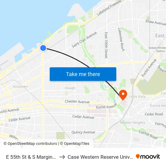 E 55th St & S Marginal Rd to Case Western Reserve University map