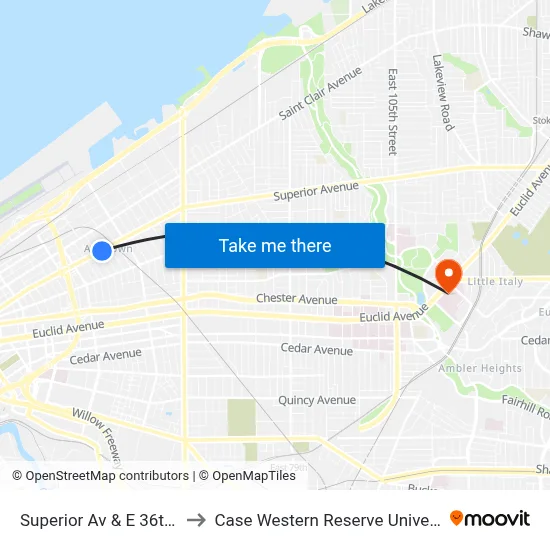 Superior Av & E 36th St to Case Western Reserve University map