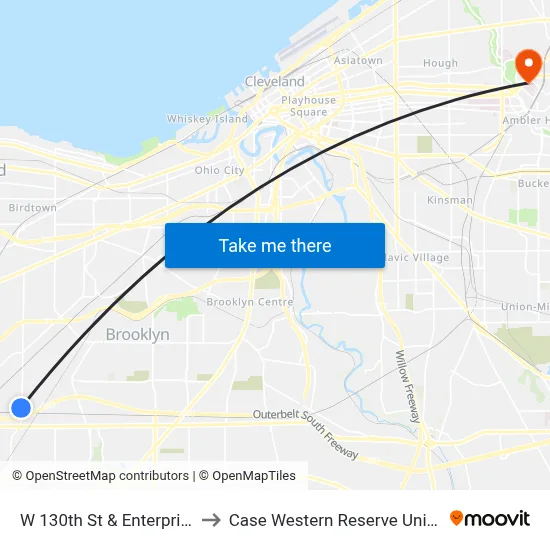 W 130th St & Enterprise Av to Case Western Reserve University map