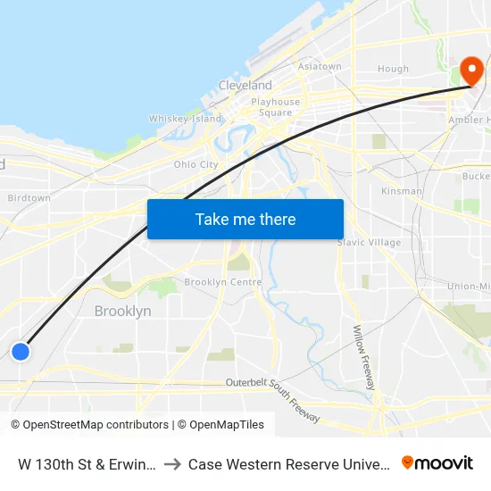 W 130th St & Erwin Av to Case Western Reserve University map