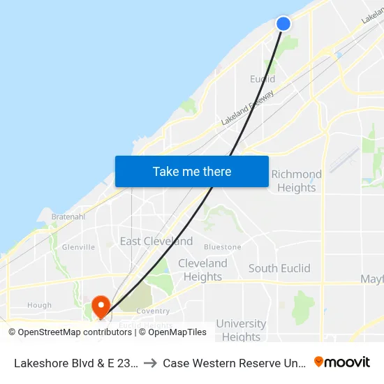 Lakeshore Blvd & E 238th St to Case Western Reserve University map
