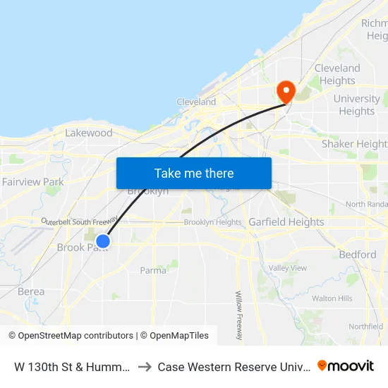W 130th St & Hummel Rd to Case Western Reserve University map