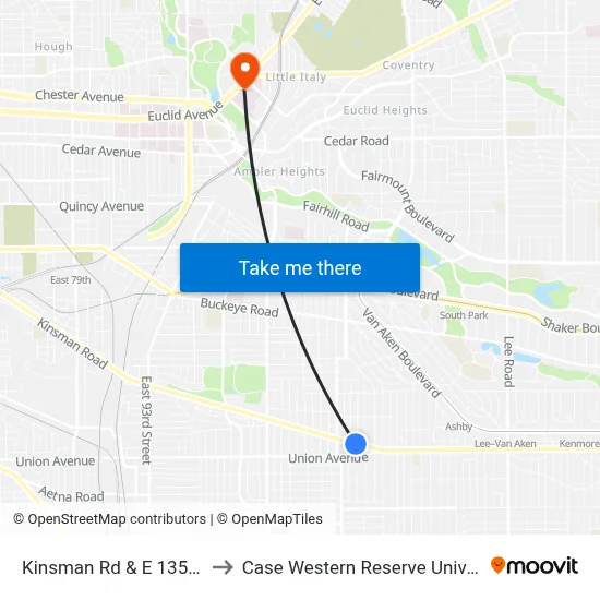 Kinsman Rd & E 135th St to Case Western Reserve University map