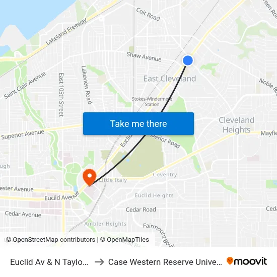 Euclid Av & N Taylor Rd to Case Western Reserve University map
