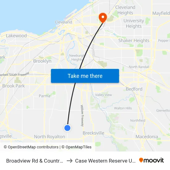 Broadview Rd & Countryside Dr to Case Western Reserve University map