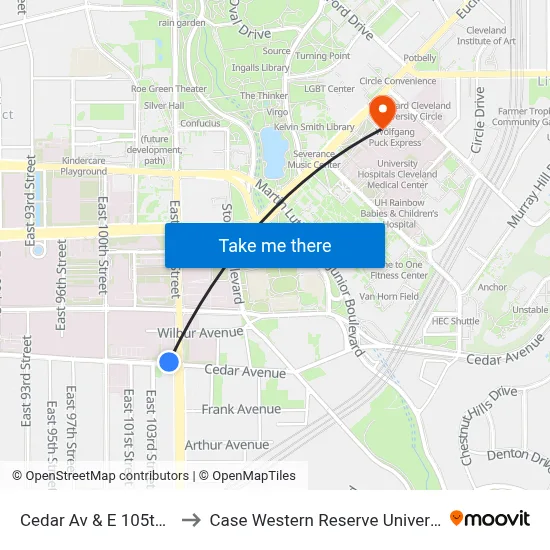 Cedar Av & E 105th St to Case Western Reserve University map