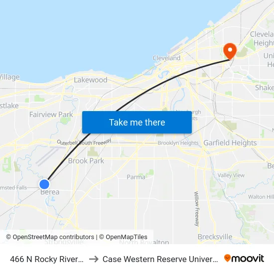 466 N Rocky River Dr to Case Western Reserve University map
