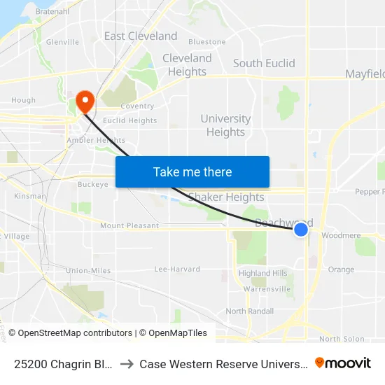 25200 Chagrin Blvd to Case Western Reserve University map