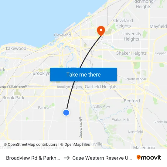 Broadview Rd & Parkhaven Dr to Case Western Reserve University map